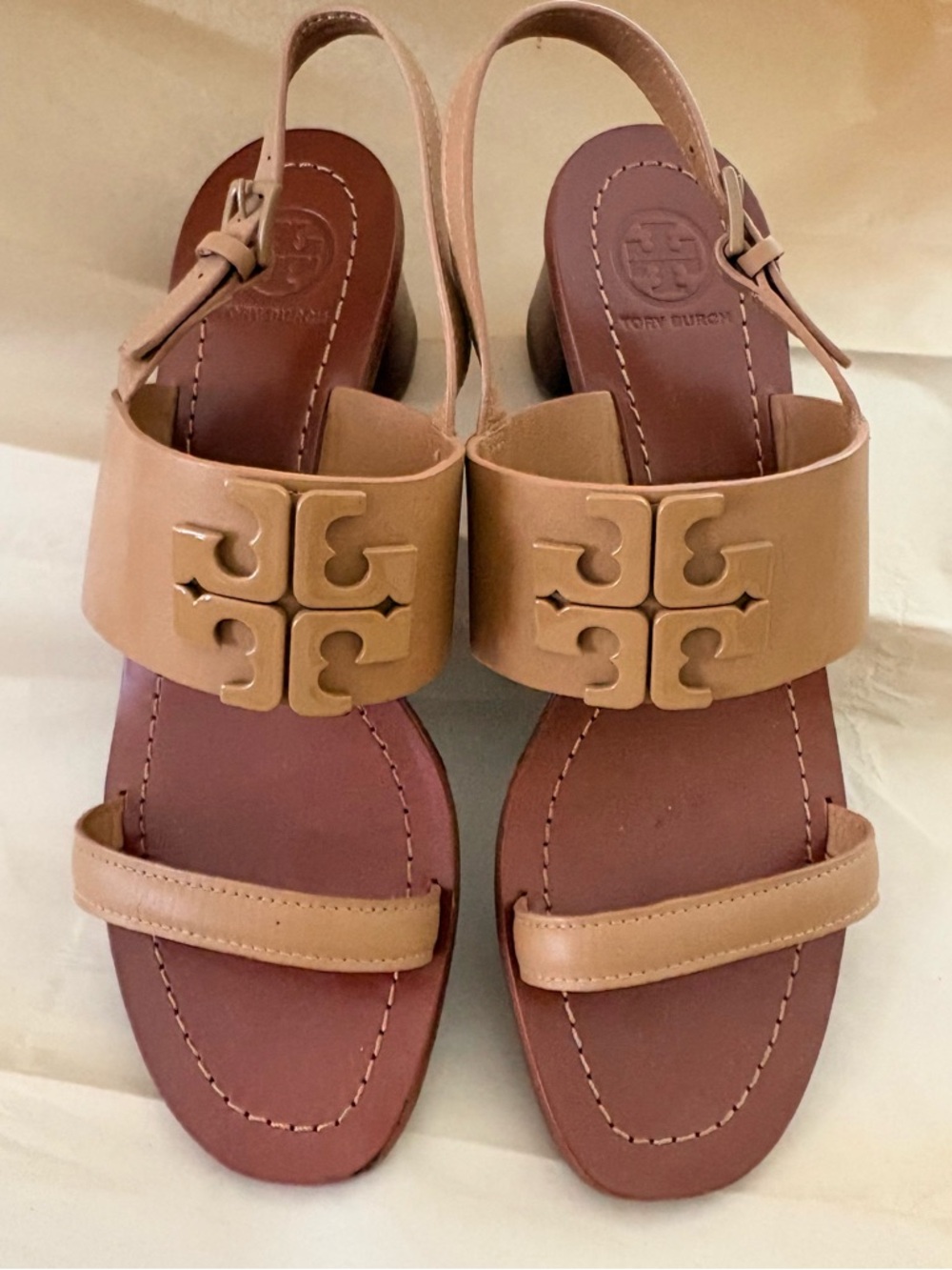 Tory Burch Tan Leather Logo Slingback Sandals with Gold Logo